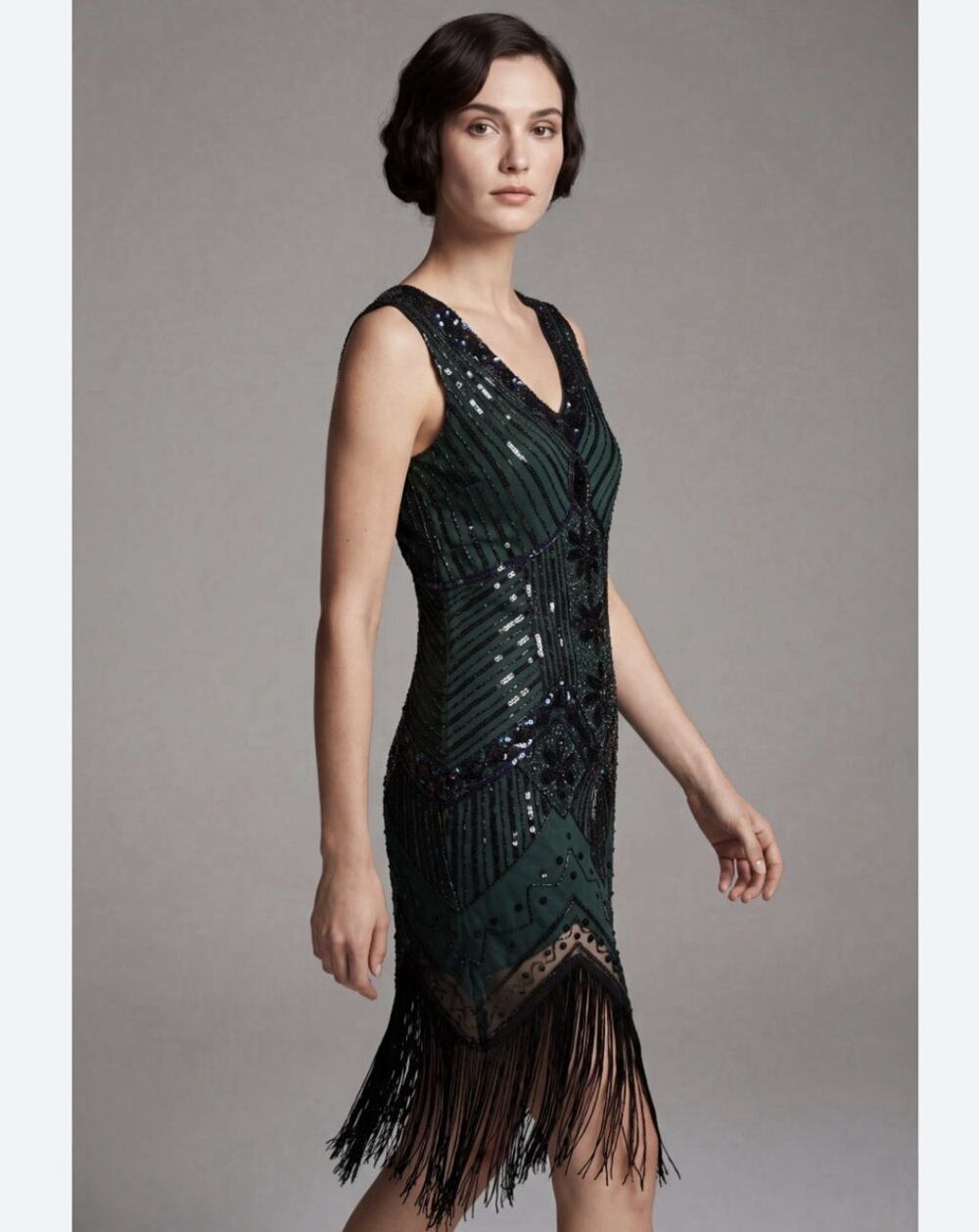 Women's Gatsby Flapper Beaded Sequin Dress 1920s Fringe Emerald Green Black Sz S